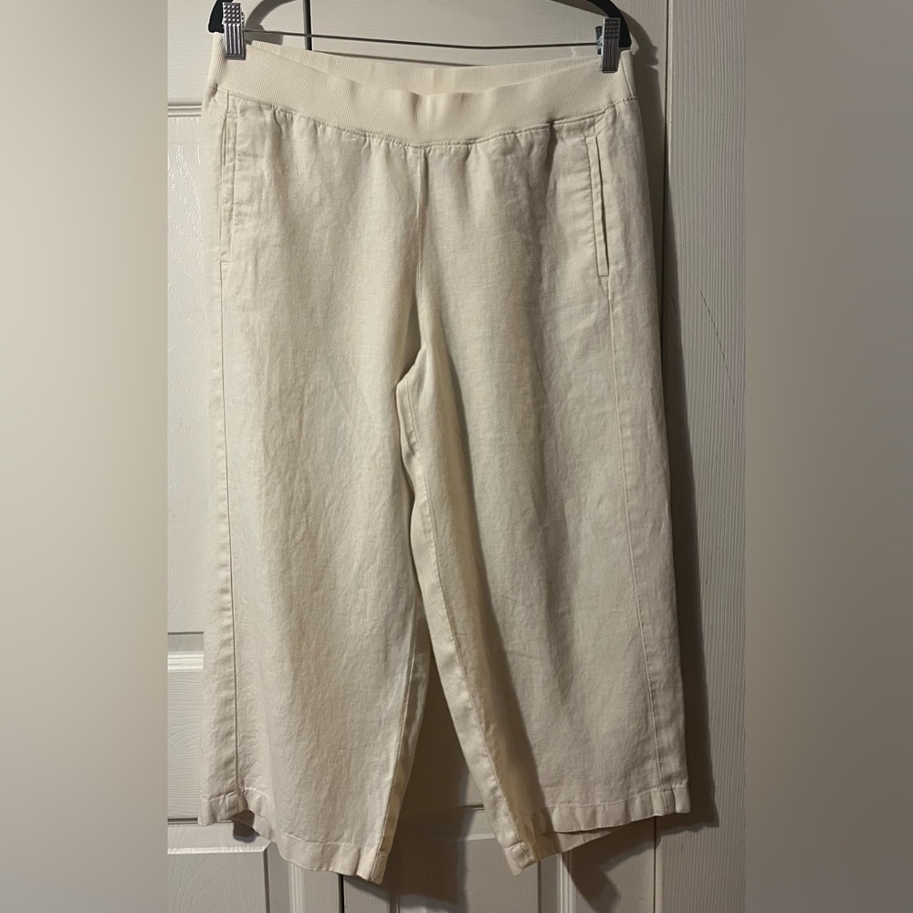 J Jill Love Linen Petite Flat Front Wide Leg Ivory Pants Side Pockets Pull On MP